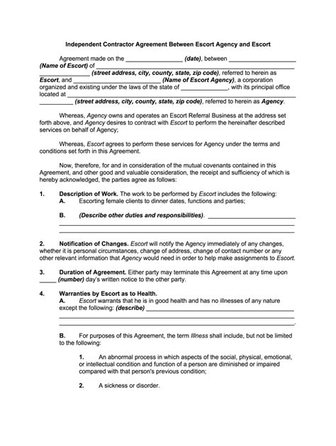 Blank Escort Agency Contract Template 